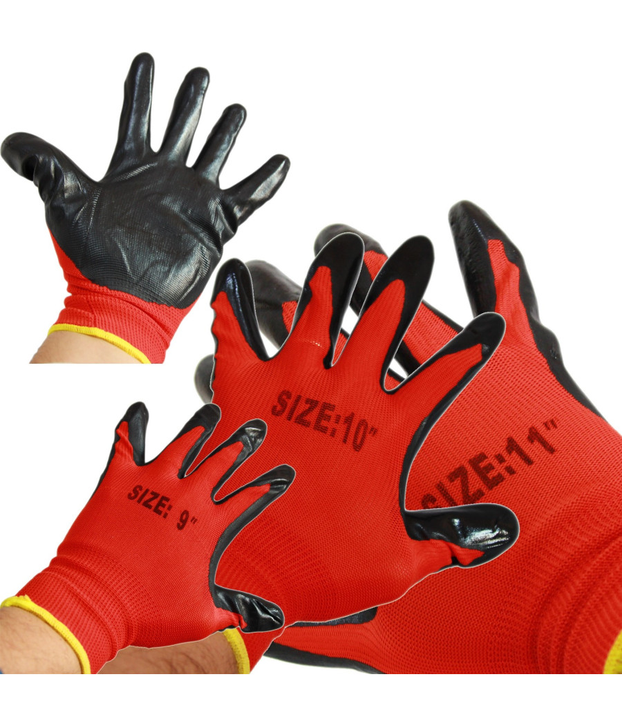 12 Paia Di Guanti Da Lavoro Spalmati Nylon Nitrile Disponibili In 9''10''11''