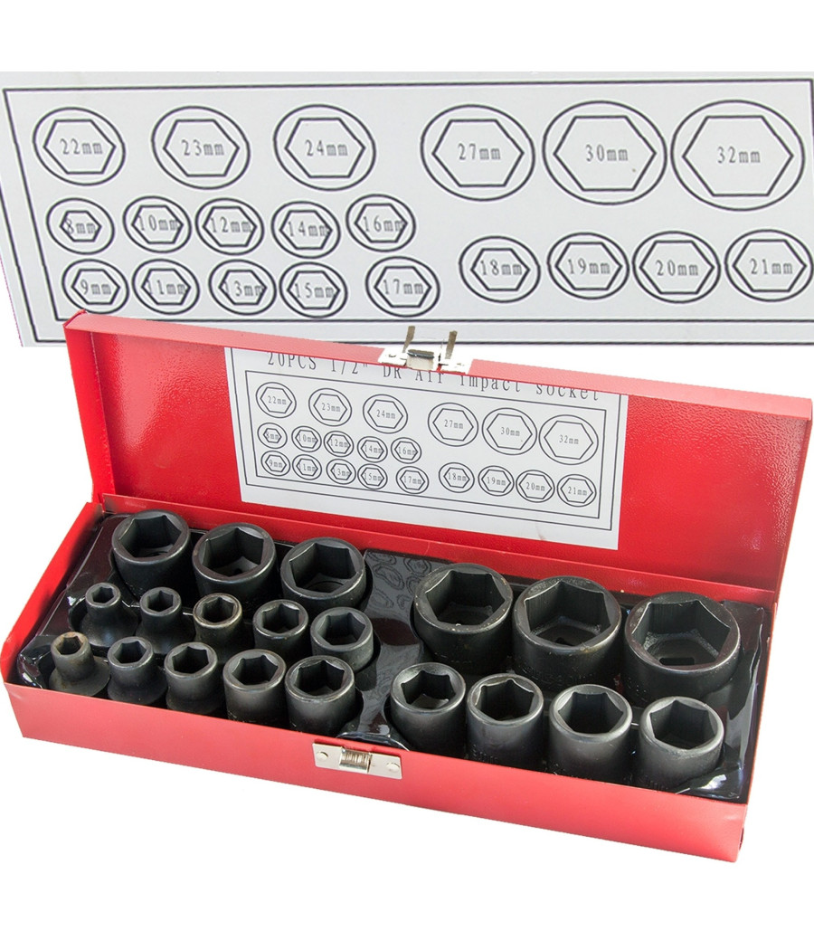 Bussole Boccole Per Pistola Avvitatore Pneumatico Set Kit 20 Pz Da 1/2" 8-32mm