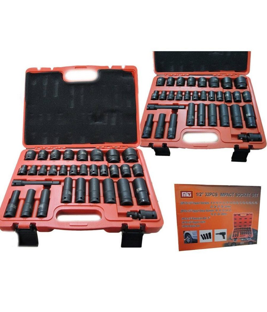 Bussole Boccole Per Pistola Avvitatore Pneumatico Set Kit 32pz 1/2" Mig-2044