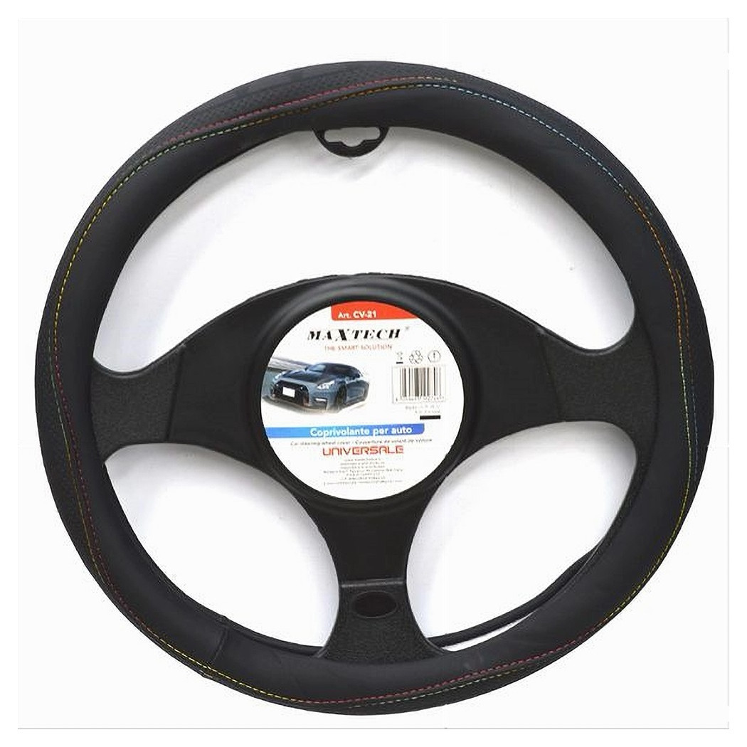 Coprivolante Universale Auto Fodera Sterzo 38cm Nero Con Cuciture Colorate Cv-21