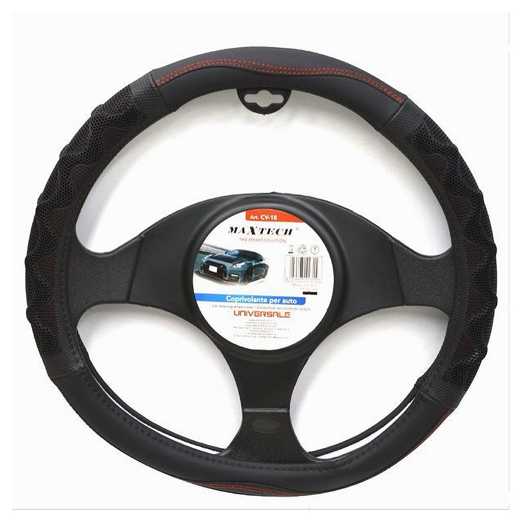 Coprivolante Universale Per Auto Fodera Sterzo 38cm Nero Rosso Con Rilievo Cv-18