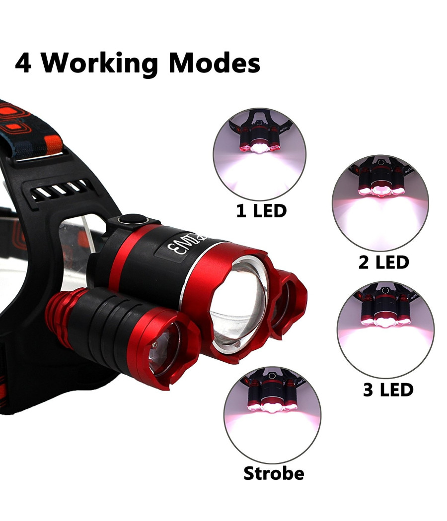 Lampada Torcia Frontale Led Ricaricabile 3 Led Cree T6 R5 Rj3000 5000 Lumen - immagine 2