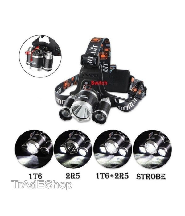 Lampada Torcia Frontale Led Ricaricabile 3 Led Cree T6 R5 Rj3000 5000 Lumen - immagine 3