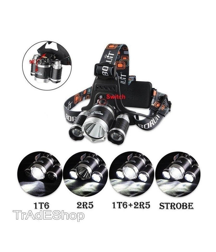Lampada Torcia Frontale Led Ricaricabile 3 Led Cree T6 R5 Rj3000 5000 Lumen - immagine 3