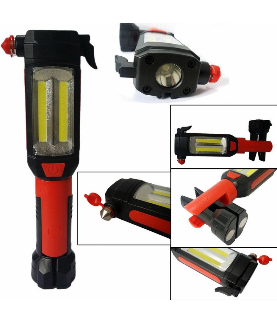 Lampada Torcia Lavoro Calamita Led Ricaricabile Martello Rompi Vetro Cintura Usb