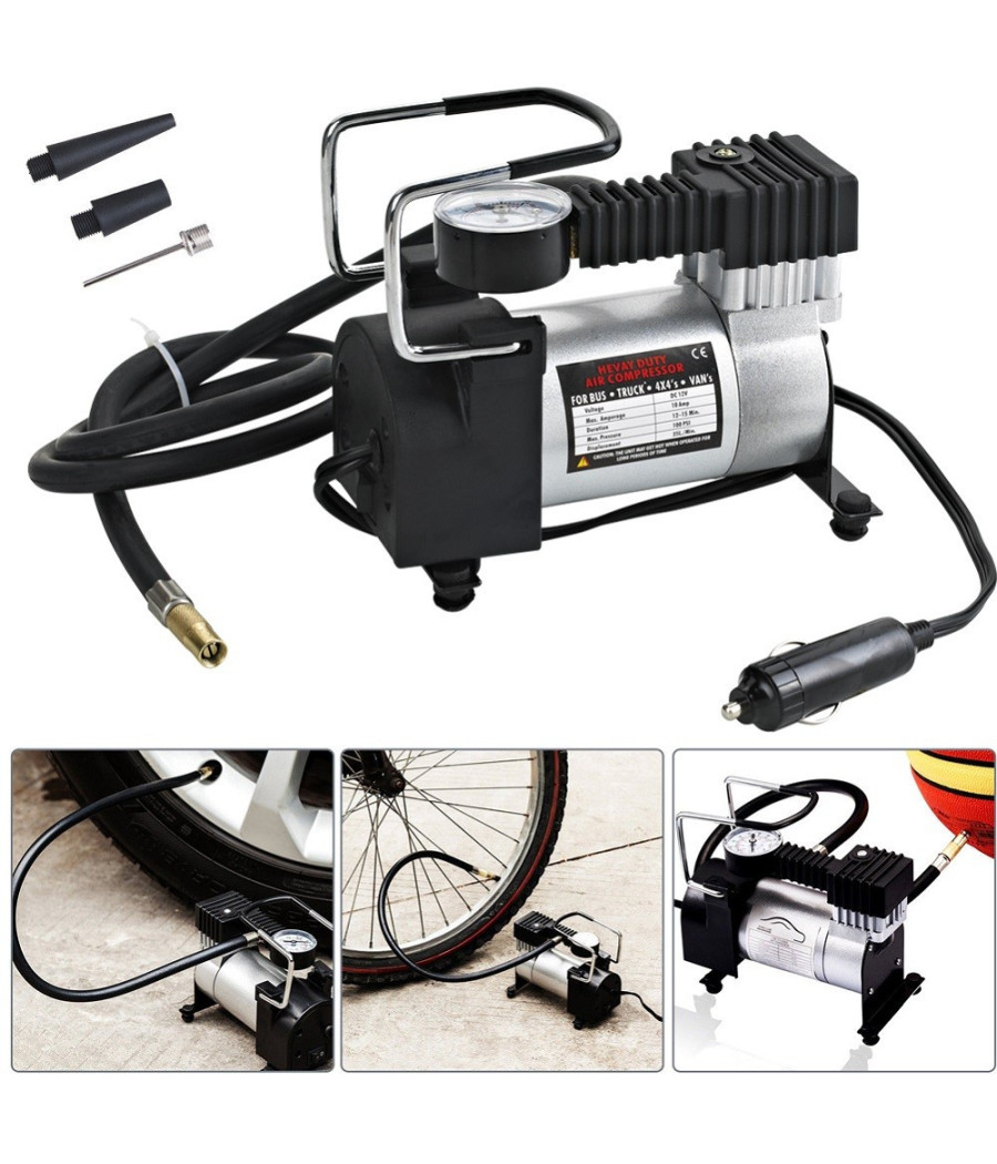 Mini Compressore Aria Portatile Auto 12v 140psi 3 Connettori Bici Gonfiabili
