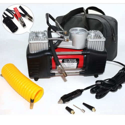 Mini Compressore Portatile 12 Volt A Doppio Cilindro Per Auto Moto + Manometro