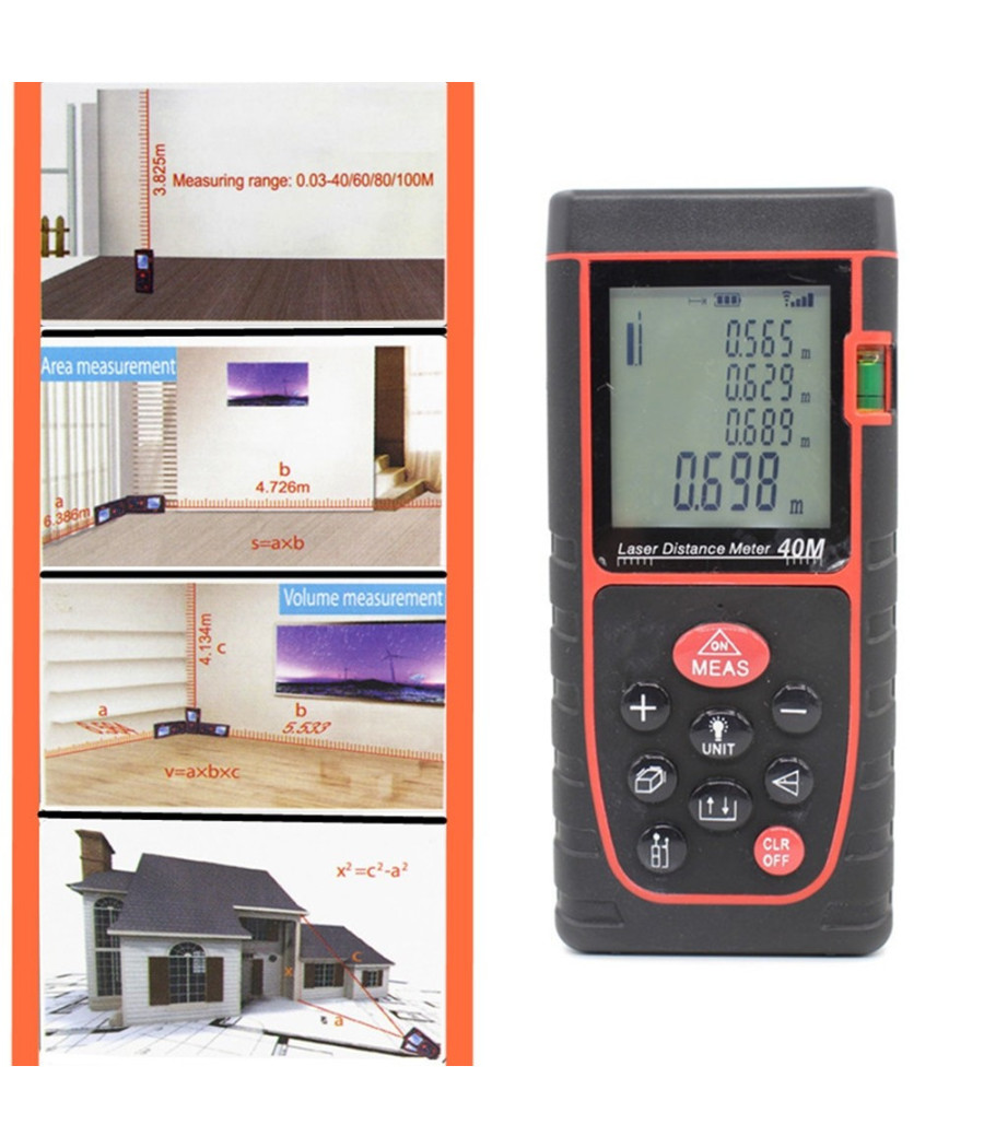 Misuratore Di Distanza Metro Puntatore Laser Ultrasuoni Display Lcd Misura 40 Mt