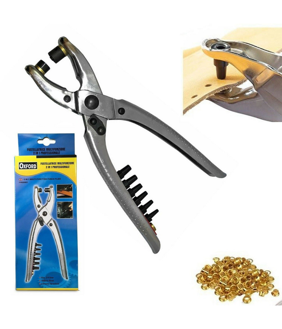 Pinza 2in1 + 100 Occhielli Occhiellatrice Fustellatrice Per Forare Cuoio Pelle