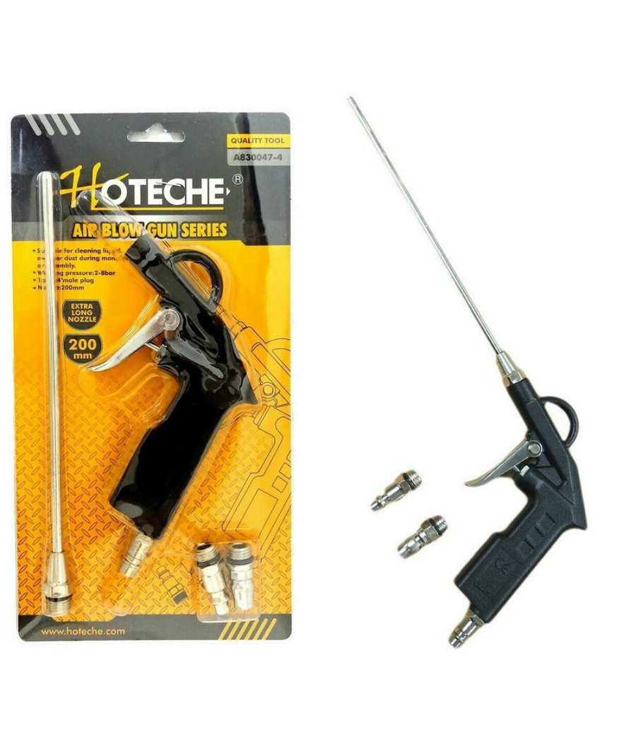 Pistola Per Compressore Soffiaggio Aria Con Accessori Beccuccio Lungo 200mm