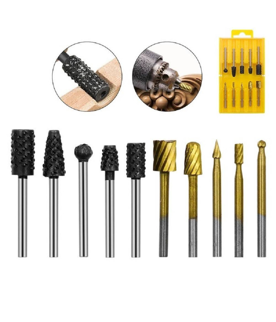Set 10 Mini Frese Raspe In Acciaio Per Lavorazione Rifinitura Legno Codolo 3 Mm