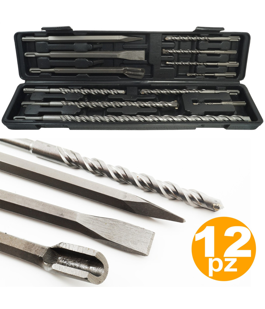 Set 12 Punte Per Trapano Martello Pneumatico Puntali Punta Scalpelli Sds Plus