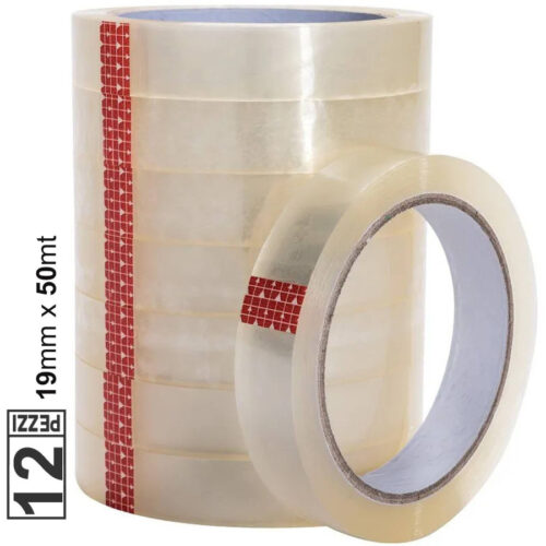 Set 12 Pz Rotolo Nastro Adesivo Trasparente 19mm X 50mt Per Ufficio Silenzioso