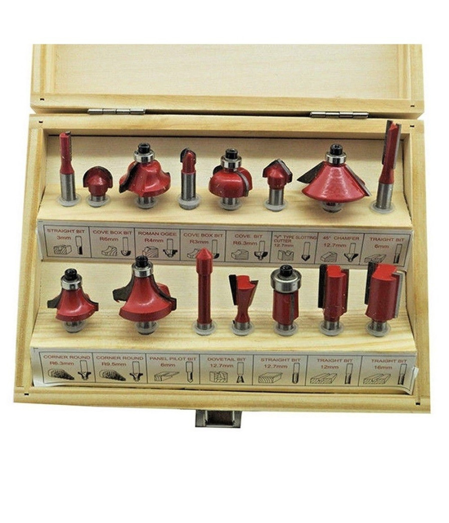 Set 15 Frese Fresa Per Legno Per Scanalare Rifilare Sanalature Fresatrice 6.35mm