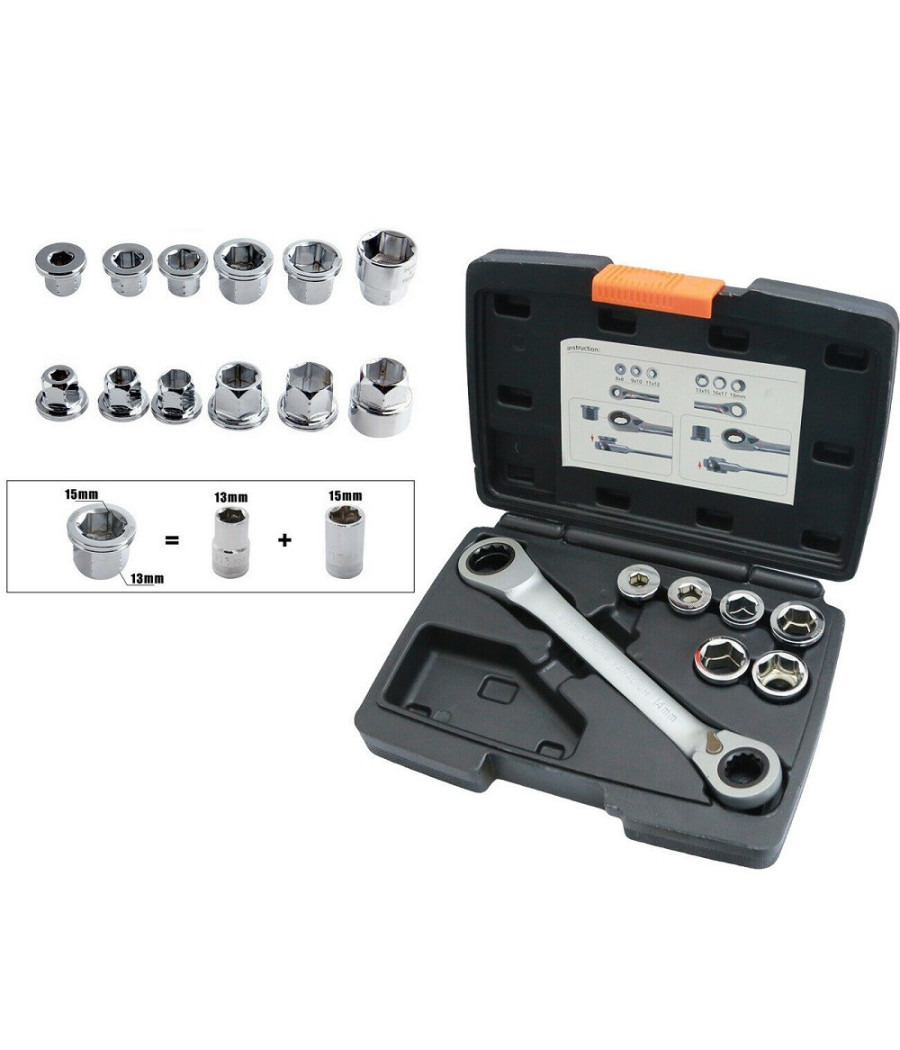 Set 7 Chiave A Cricchetto Reversibile Esagonali 14-19mm 5 Innesti 6-19mm