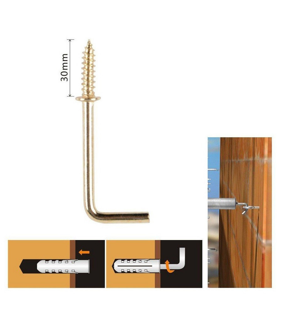 Set 9 Pezzi Chiodi Gancio A Vite Filettate A Forma Di L 1-1/4" 30mm Dorato 90802 - immagine 2