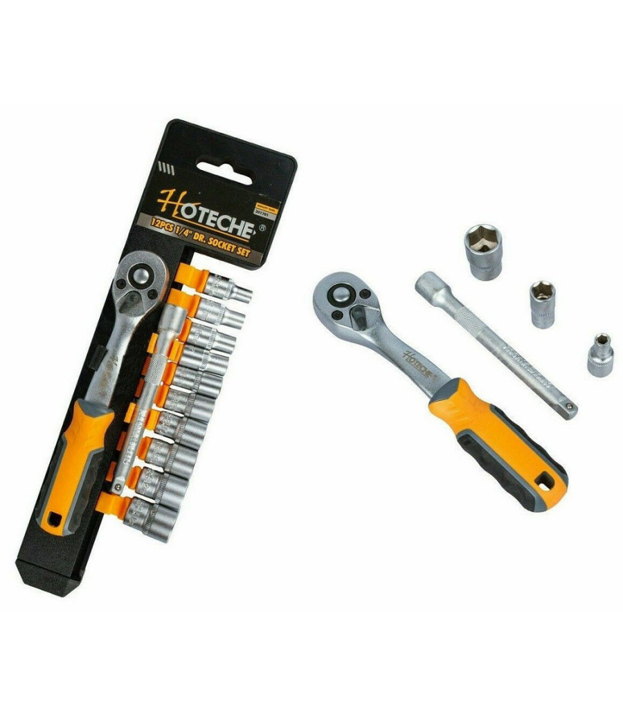 Set Chiavi Bussole Attacco 1/4" + Chiave A Crichetto Reversibile + Prolunga 5''