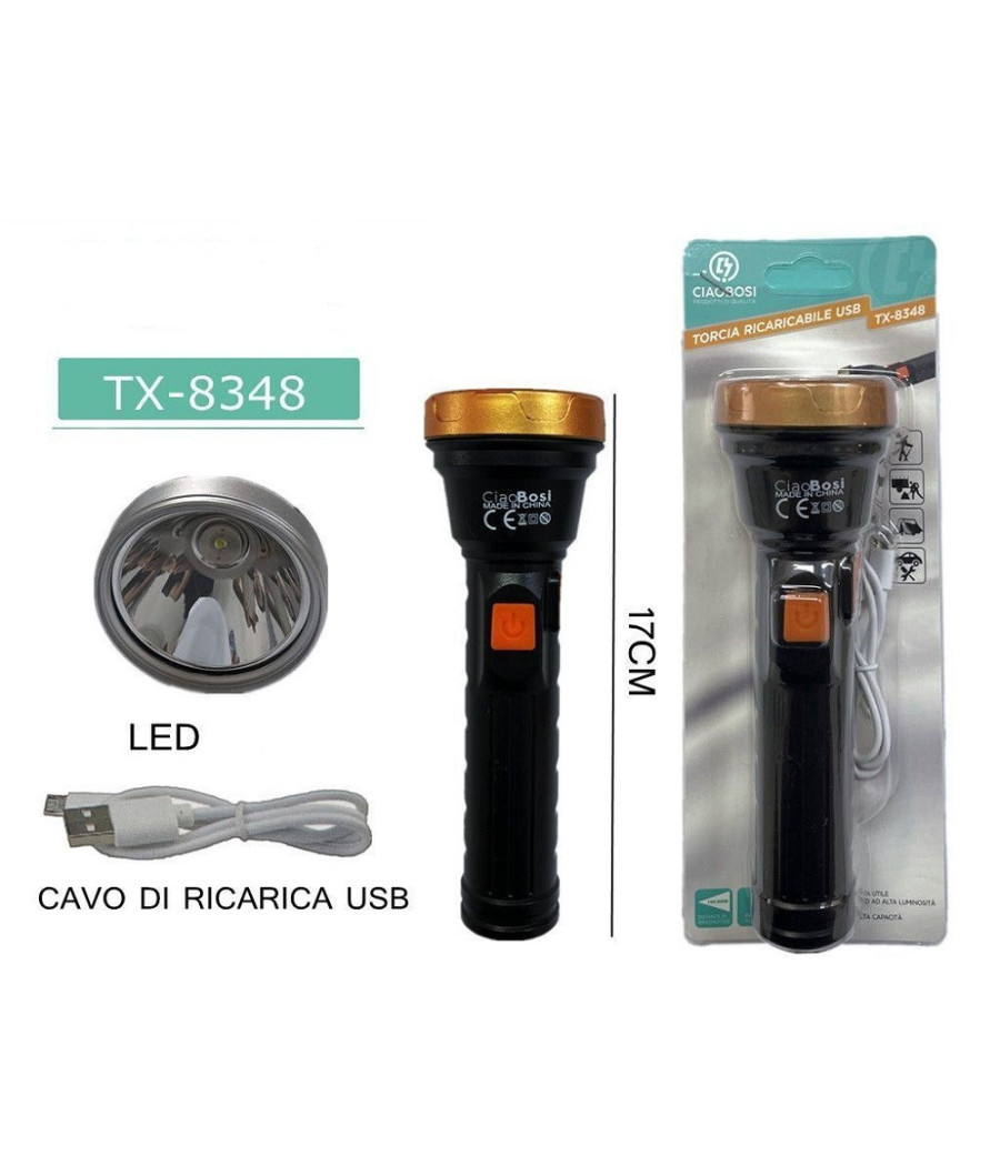 Torcia Elettrica Luce Led Ricaricabile Usb Per Campeggio Escursioni 17cm Tx-8348 - immagine 3