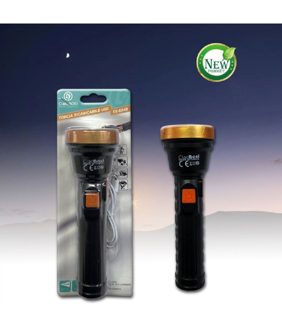 Torcia Elettrica Luce Led Ricaricabile Usb Per Campeggio Escursioni 17cm Tx-8348