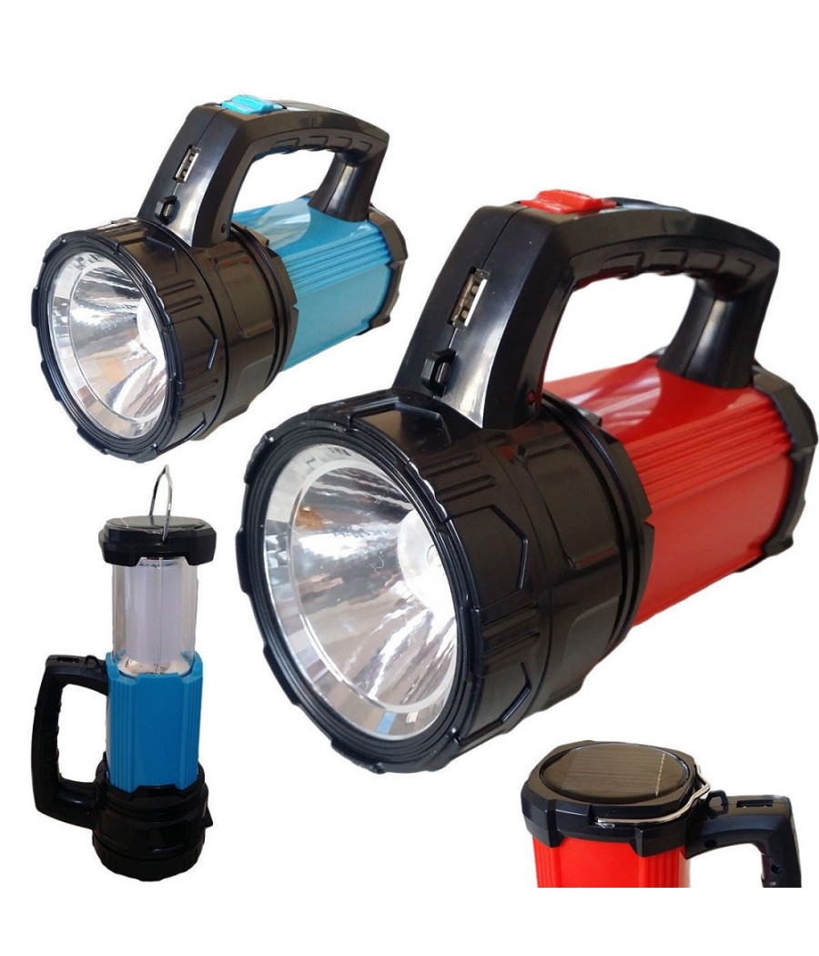 Torcia Lanterna Lampada Led Ricaricabile 1 Led + 16 Smd Con Pannello Solare Usb