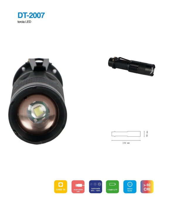 Torcia Led Cree T6 Batteria Ricaricabile Usb Auto Luminosita' Regolabile Dt-2007 - immagine 2