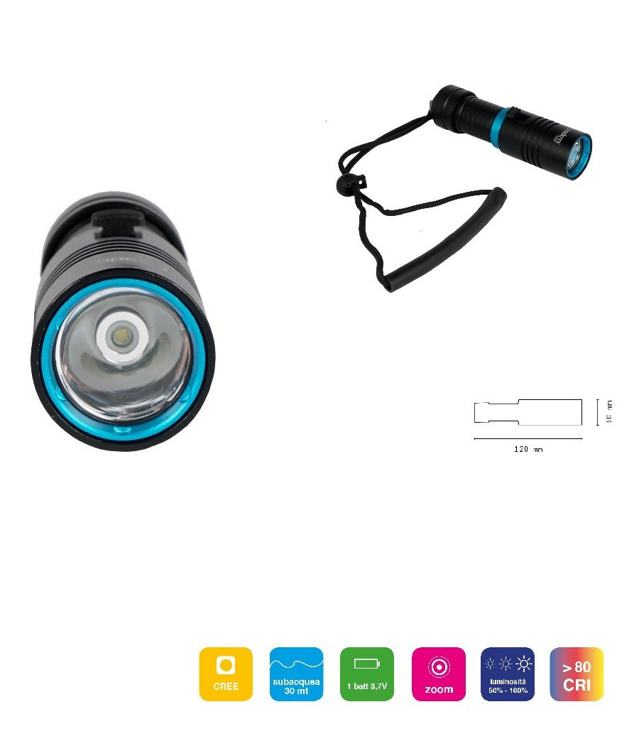 Torcia Led Cree T6 Ricaricabile Per Immersioni Subacquee Fino A 30 Metri Dt-2148 - immagine 2