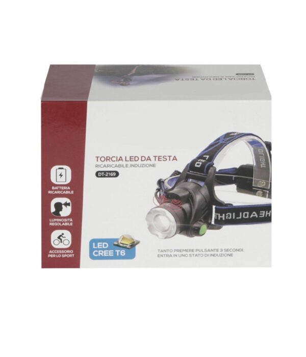 Torcia Led Da Testa Frontale Ricaricabile Induzione Cree T6 Regolabile Dt-2169 - immagine 2