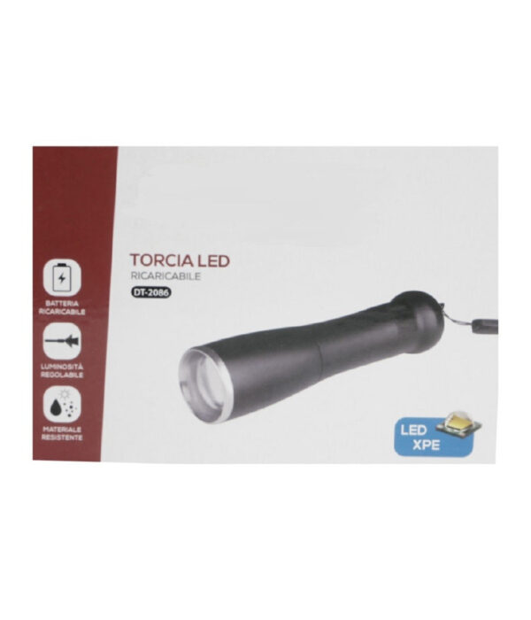 Torcia Led Ricaricabile Luce Led Chip Xpe Luminosita Regolabile Gancetto Dt-2086 - immagine 2