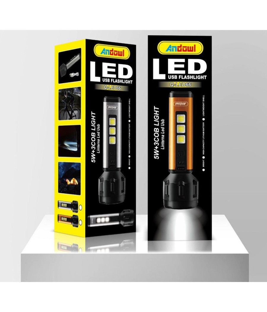 Torcia Led Usb Ricaricabile 5w+3 Luci Cob Campeggio Escursionismo Caccia Q-led66 - immagine 2