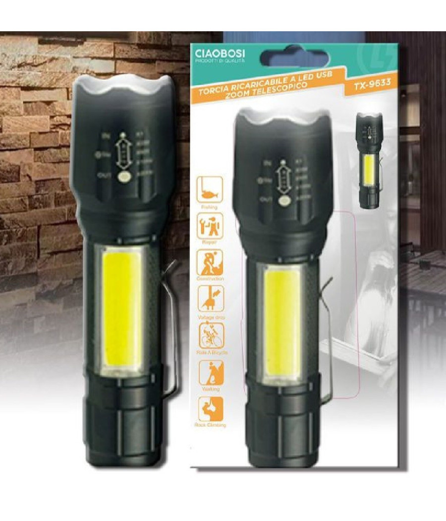 Torcia Tattica Usb Ricaricabile A Led Zoom Telescopico Escursioni Pesca Tx-9633 - immagine 2