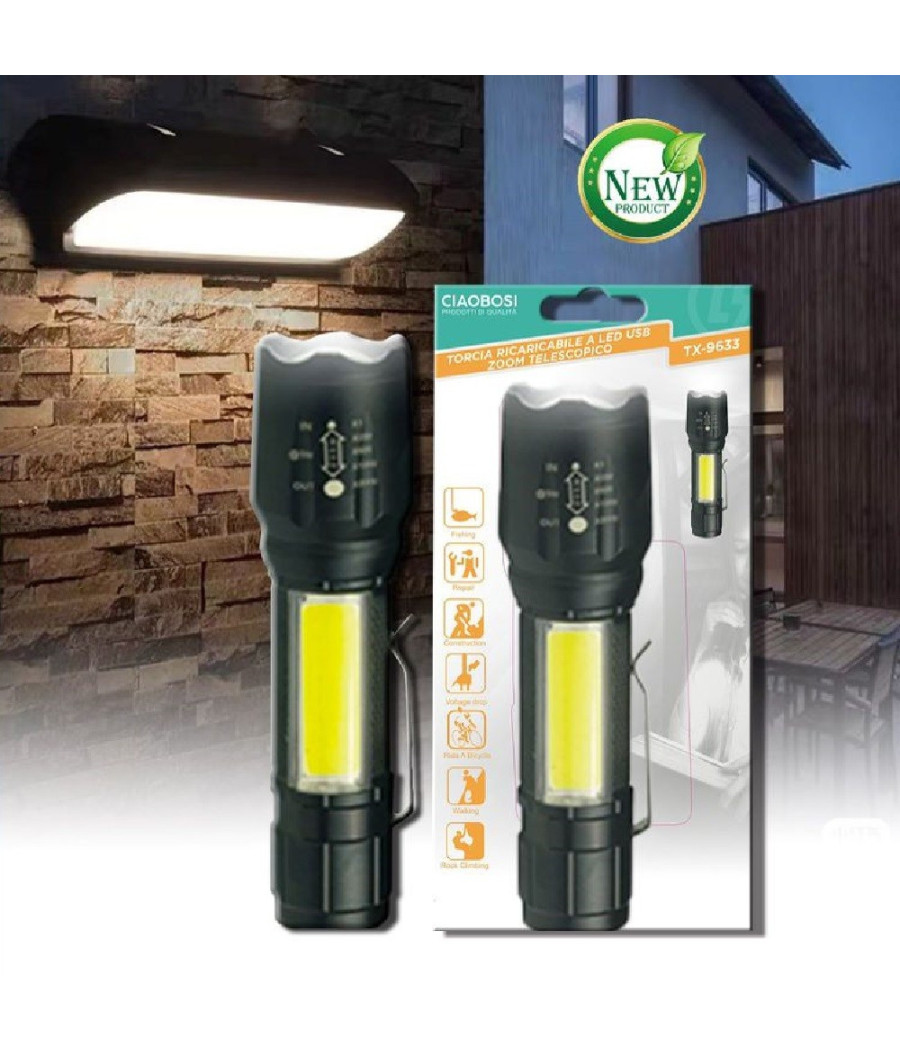 Torcia Tattica Usb Ricaricabile A Led Zoom Telescopico Escursioni Pesca Tx-9633