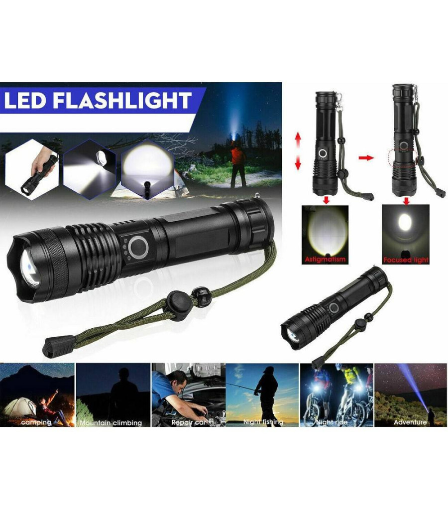 Torcia Tattica/militare Led Cree T6 Ricaricabile Zoom Doppia Batteria A90-p50 - immagine 2