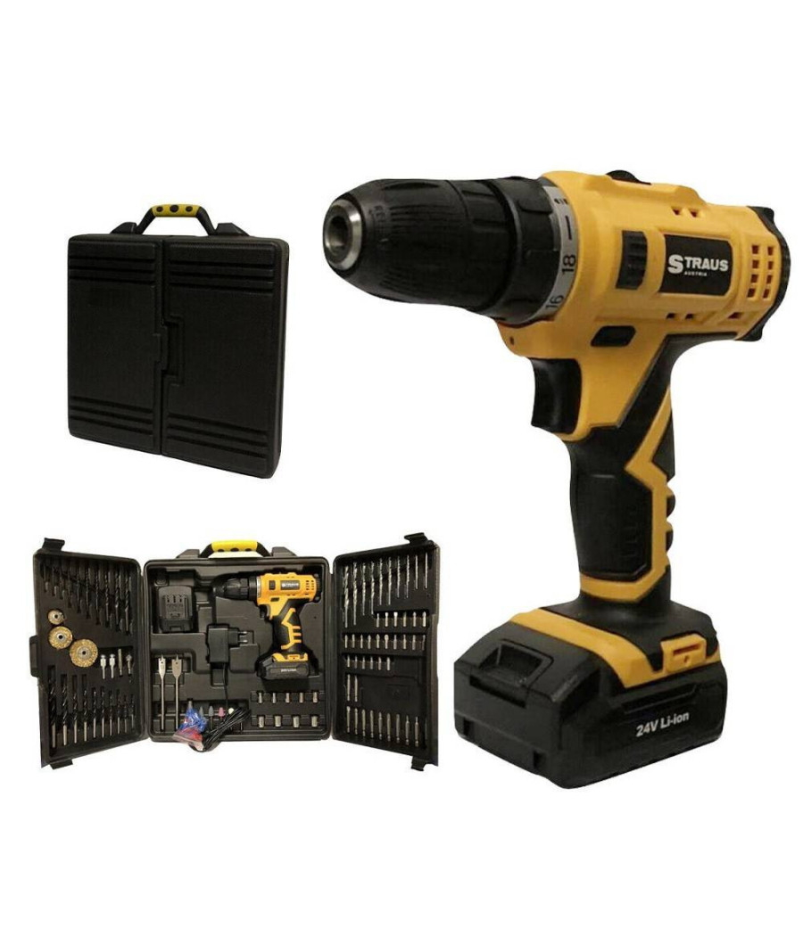 Trapano Avvitatore A Doppia Batteria Al Litio 24v + 92 Accessori Con Valigia