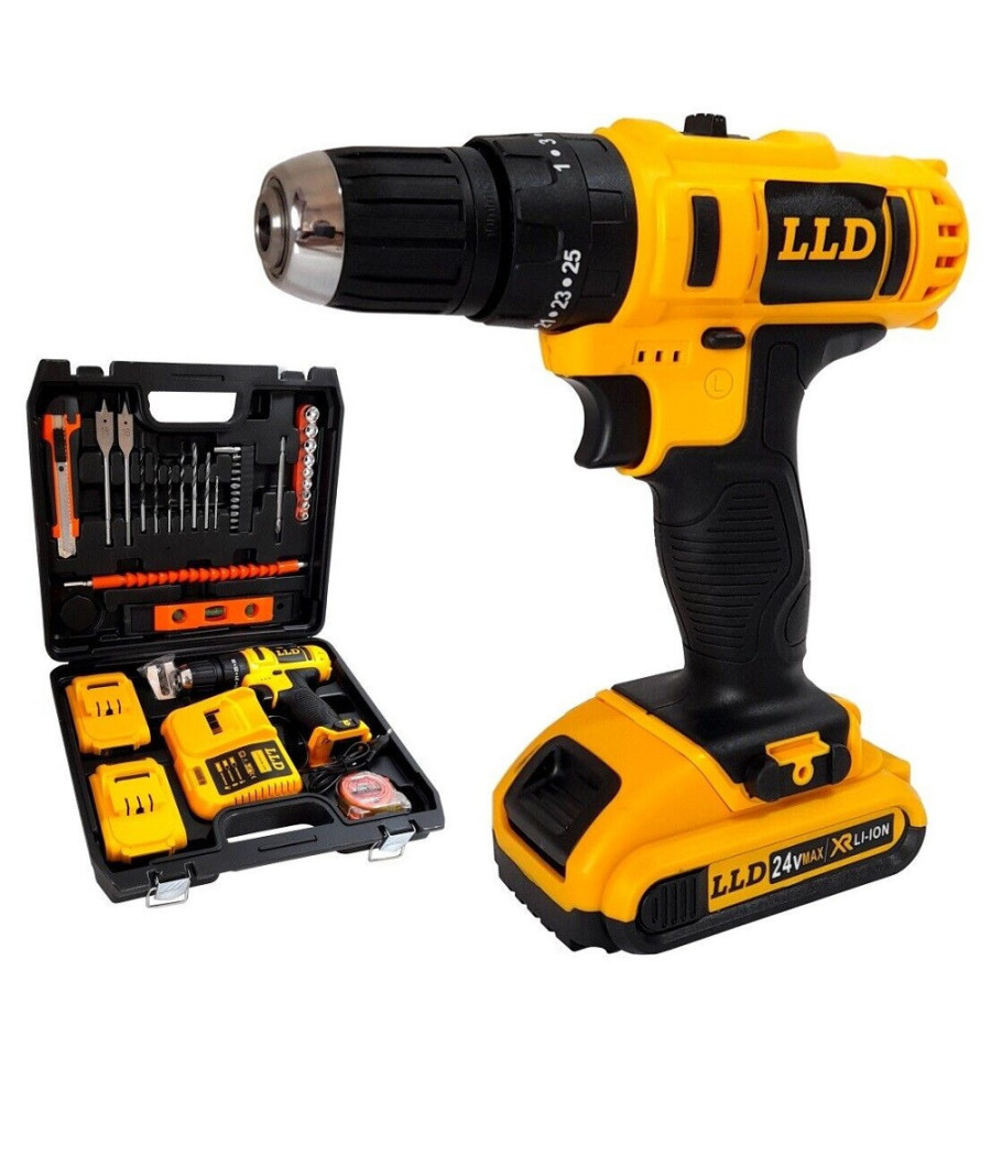 Trapano Avvitatore A Percussione Doppia Batteria Litio 24v Valigia 16 Accessori
