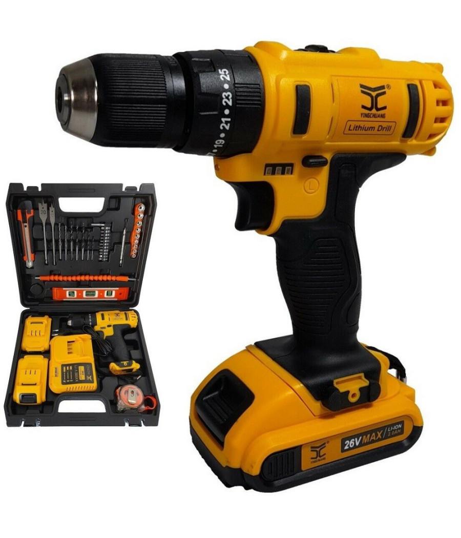 Trapano Avvitatore A Percussione Doppia Batteria Litio 26v Valigia 35 Accessori