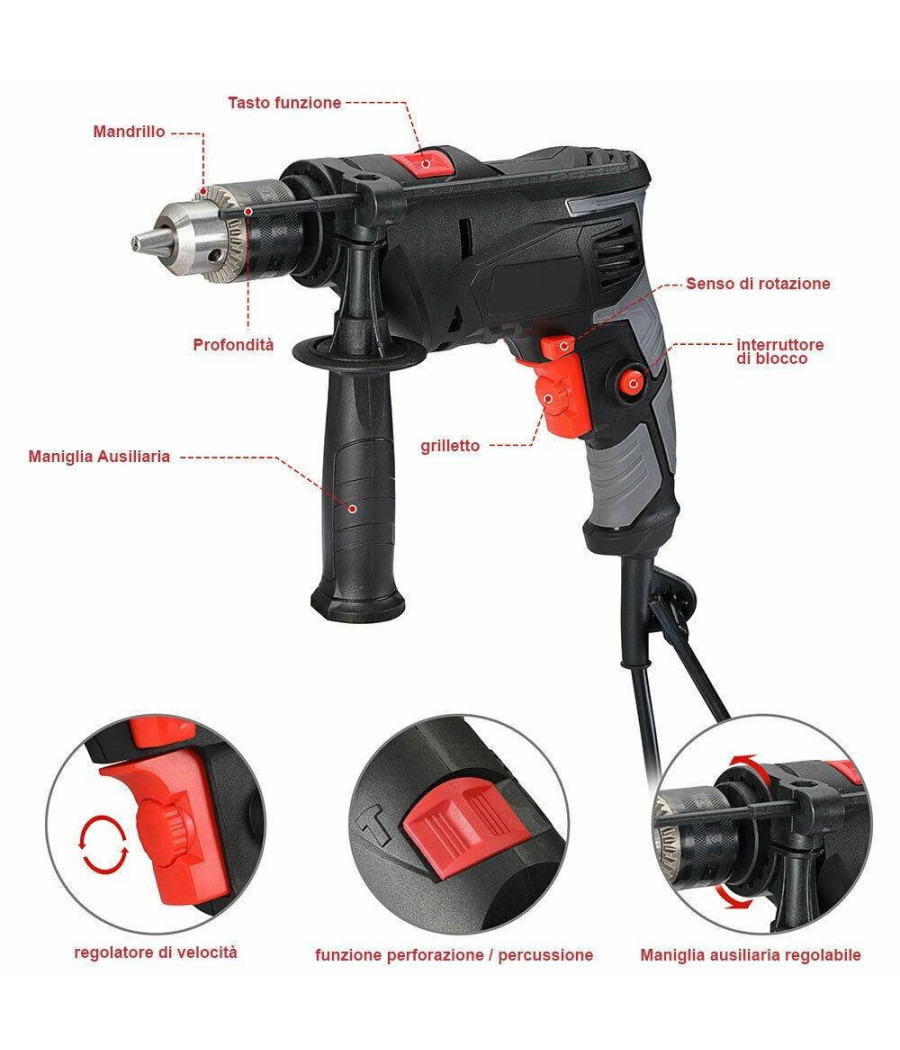 Trapano Elettrico A Percussione 710w Velocita Regolabile 3000rpm Mandrino 13 Mm - immagine 3