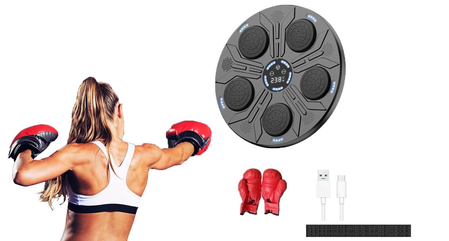 MUSIC BOXING MACHINE MACCHINA DA BOXE INTELLIGENTE FISSATA AL MURO, CON GUANTONI DA BOXE PER ALLENAMENTO