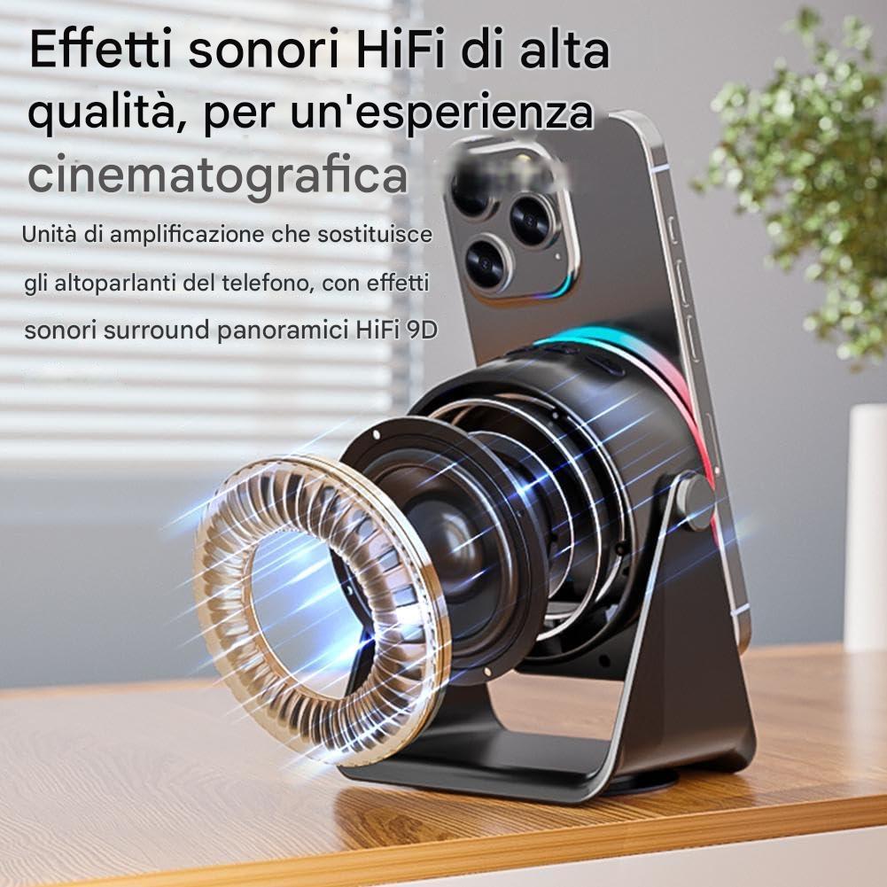 ALTOPARLANTE MAGNETICO A INDUZIONE PER SMARTPHONE CON LUCE AMBIENTALE COLORATA E ROTAZIONE A 360° - immagine 2